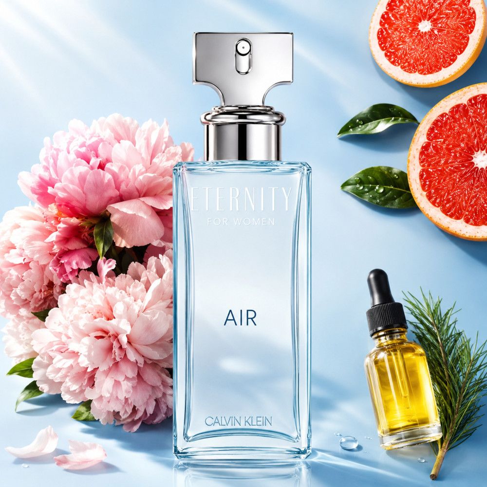 Calvin Klein Eternity Air Eau de Parfum Damen Flakon mit Blumen und Grapefruit. Glasflakon mit silbernem Zerstäuber.