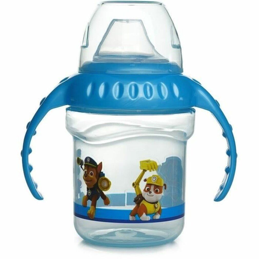 Blauer Becher mit Ohren und Silikonmundstück. Paw Patrol-Figuren. Transparenter Becher mit blauem Deckel und Griffen.