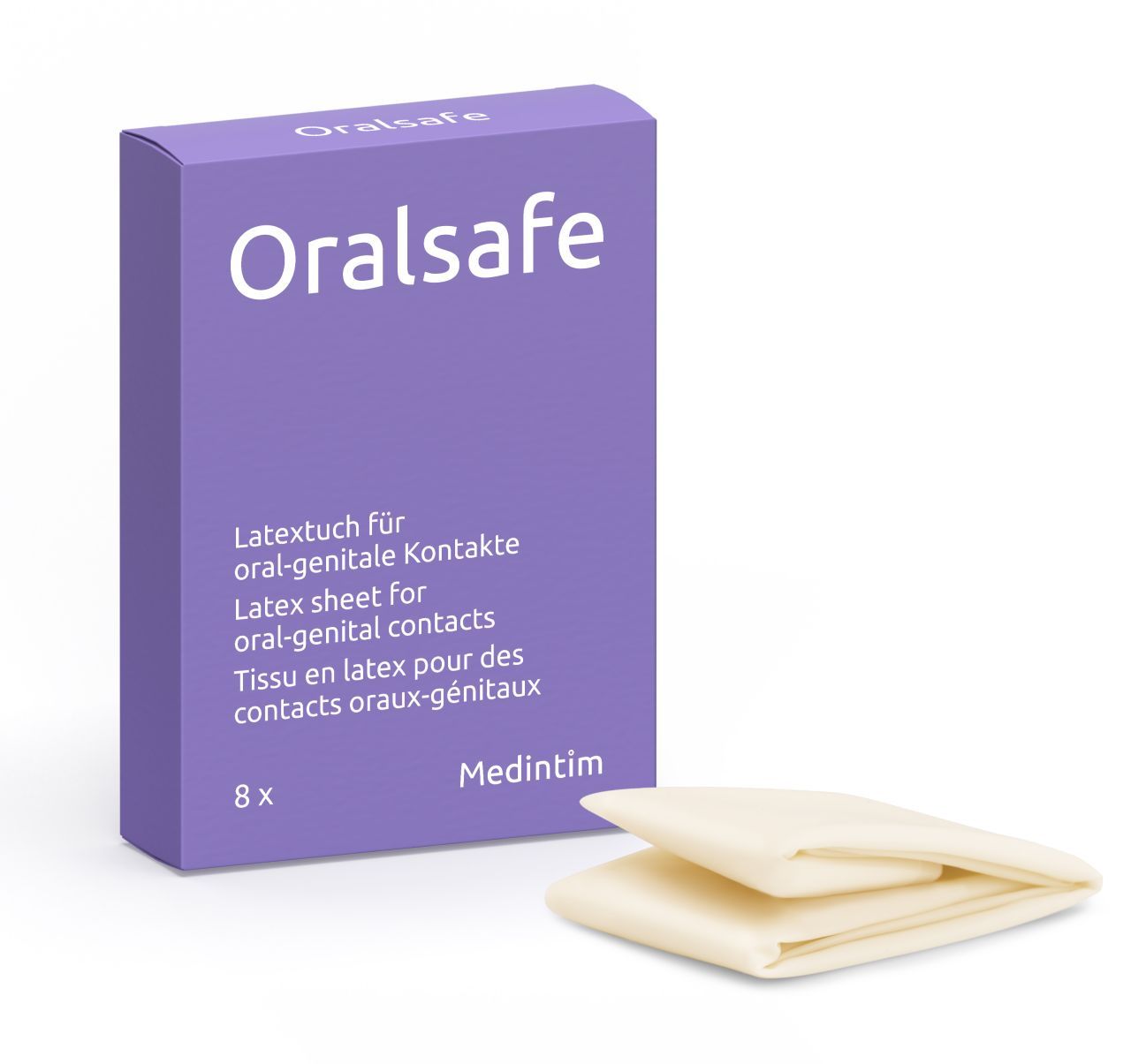 Produktname "Oralsafe" auf Schachtel. Text: Latex-Tuch für oral-genitale Kontakte. 8 Stück. Marke: Medintim. Latex-Tuch daneben.