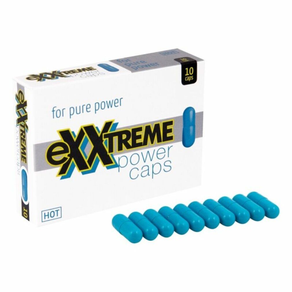 Schachtel und blaue Kapseln. Aufschrift: eXXtreme power caps. 10 Kapseln. Aufschrift: HOT.