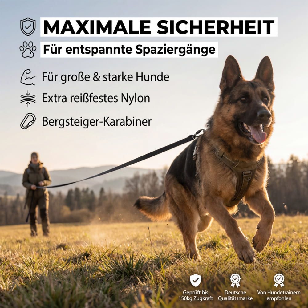 Hund mit Leine beim Laufen. Text: Maximale Sicherheit. Für große & starke Hunde. Extra reißfestes Nylon. Bergsteiger-Karabiner. Qualitätsmarke.