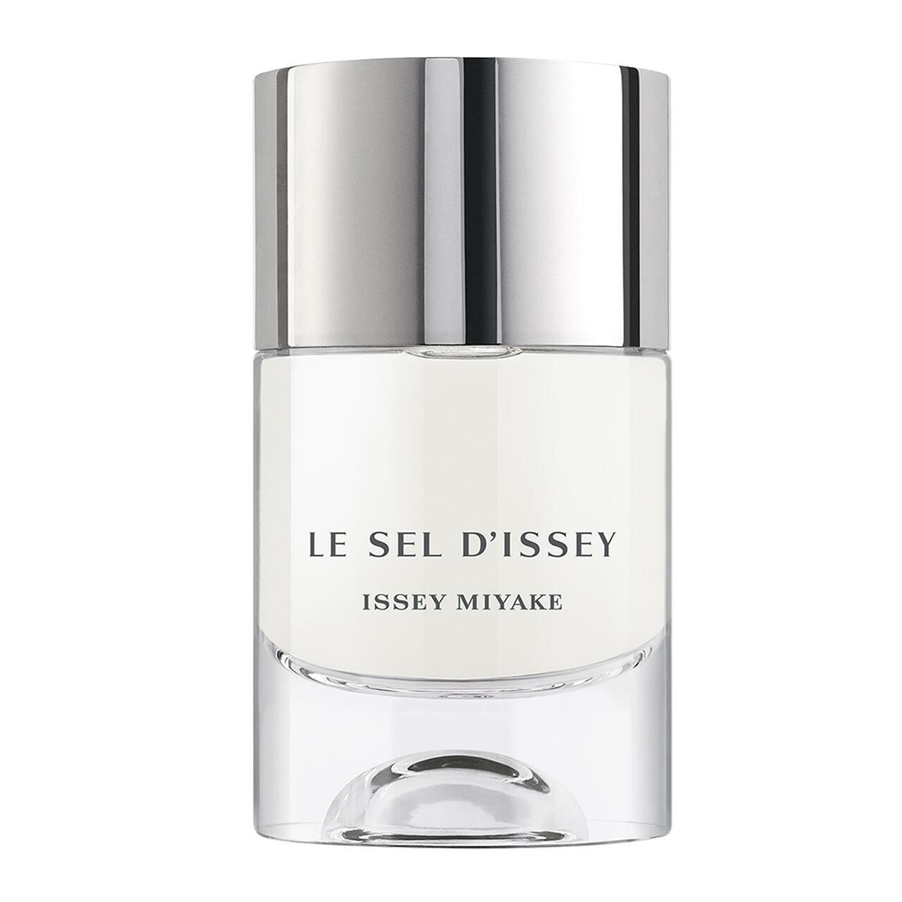 Glasflakon mit silbernem Deckel. Aufschrift: Le Sel d'Issey, Issey Miyake. Transparenter Sockel.