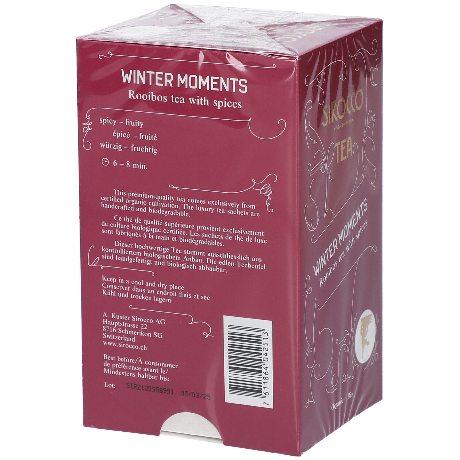 Rückseite der Verpackung "Sirocco Tea Winter Moments". Enthält Informationen zu Zutaten und Hersteller. Bio-Zertifizierung.