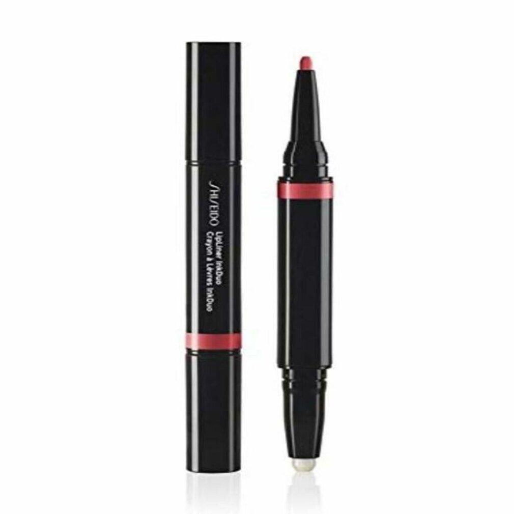 Doppel-Lippenkonturenstift. Schwarz, mit rosafarbenem Akzent. Ein Stift geöffnet, Spitze und Primer sichtbar. Shiseido-Logo.