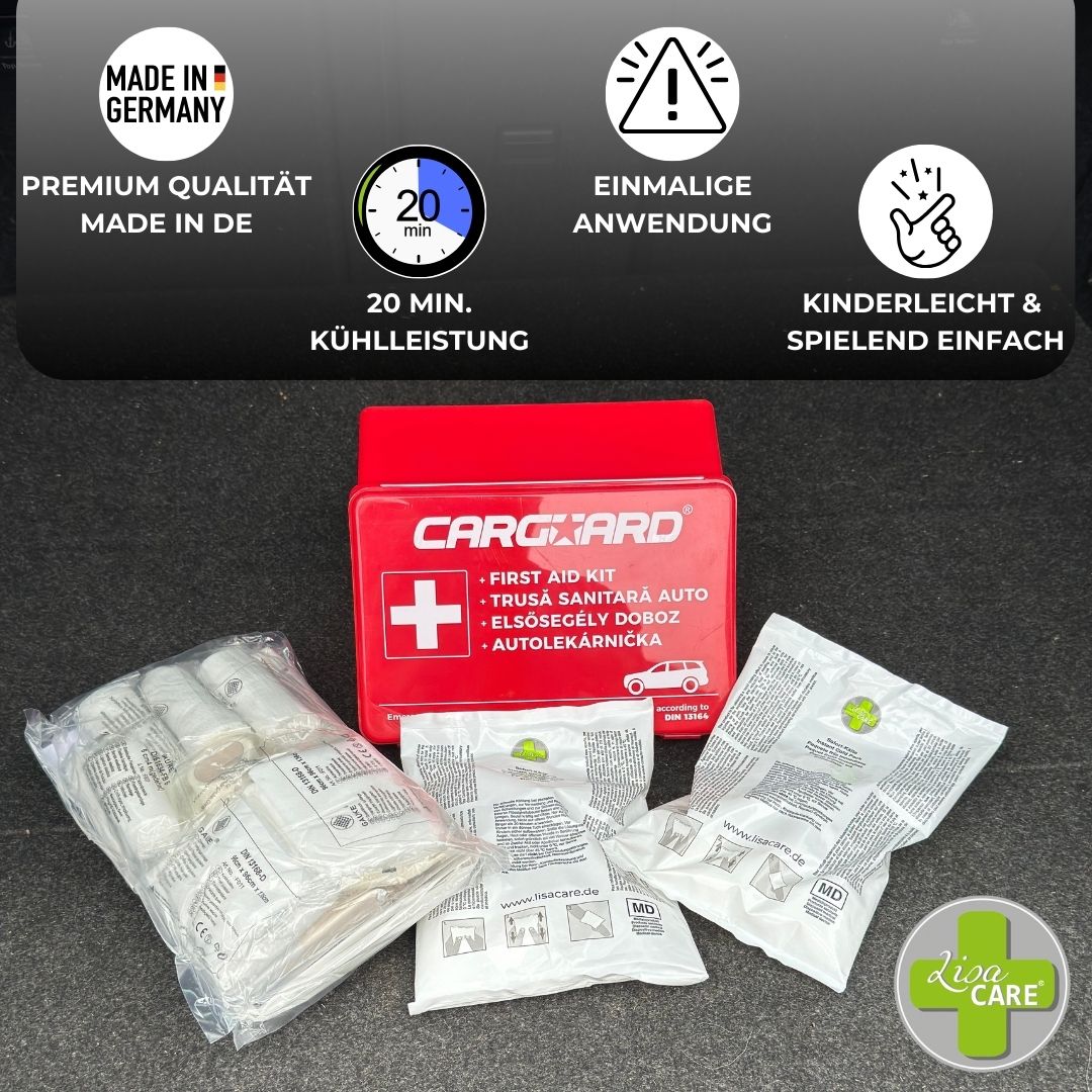 Erste-Hilfe-Set mit LisaCare Kompressen. Roter Koffer mit Zubehör. Kompressen in Folienverpackung. Made in Germany.