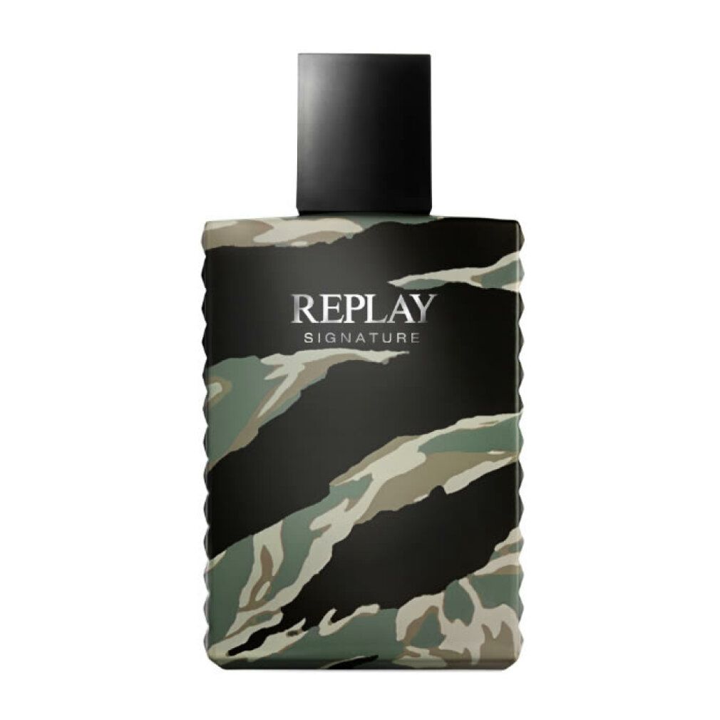 Rechteckiger Flakon mit Camouflage-Muster und schwarzem Verschluss. Aufschrift: REPLAY SIGNATURE.