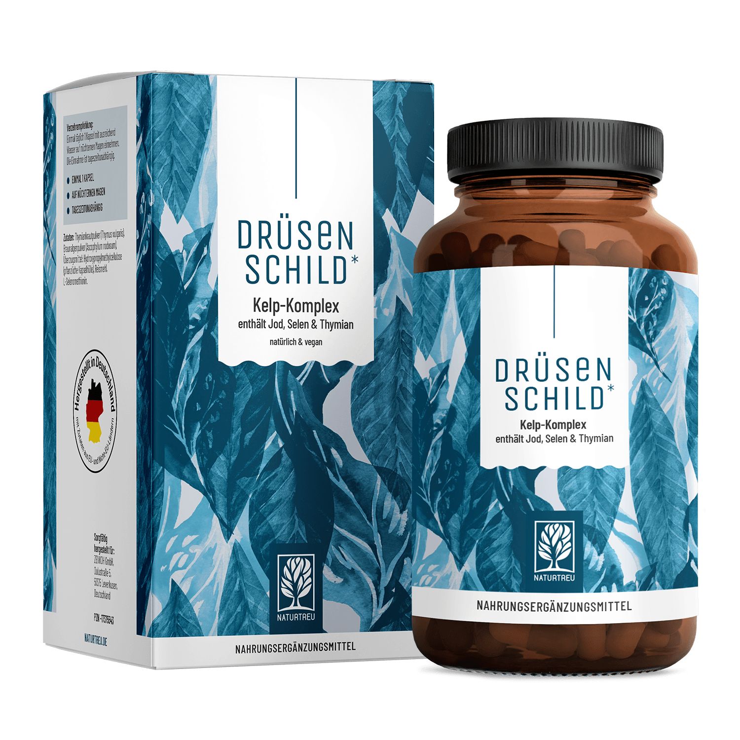 Packung und Flasche des Nahrungsergänzungsmittels Jod, Selen & Thymian.