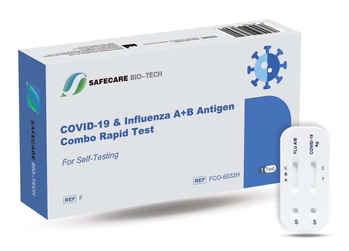 Verpackung mit Aufschrift: COVID-19 & Influenza A+B Antigen Combo Rapid Test. Daneben ein Teststreifen.