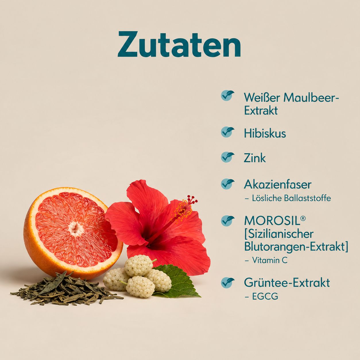 Zutaten: Weißer Maulbeer-Extrakt, Hibiskus, Zink, Akazienfaser, MOROSIL, Grüntee-Extrakt.