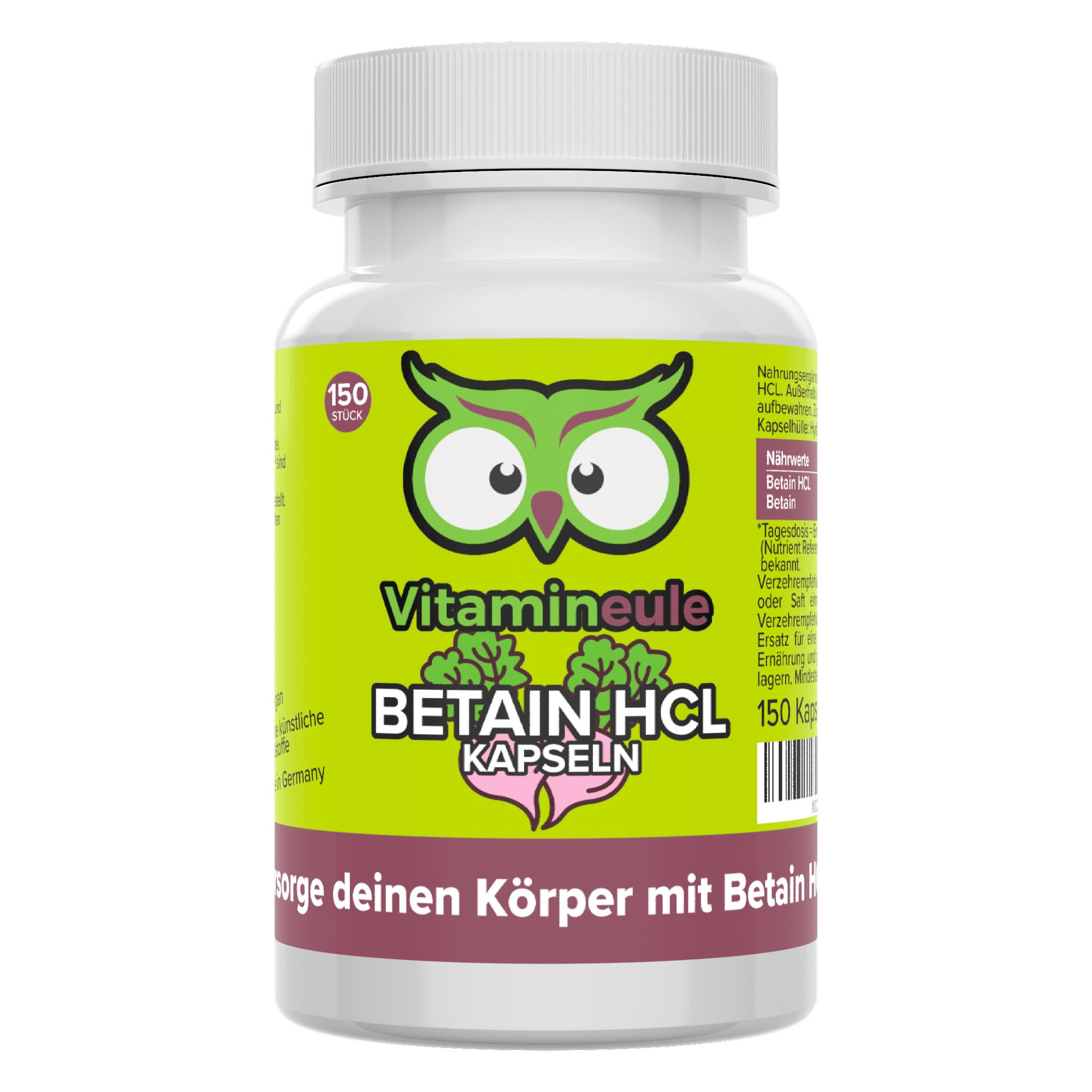 Weißes Pillenglas mit grünem Etikett. Aufschrift: Betain HCL Kapseln, Vitamineule®. 150 Kapseln.
