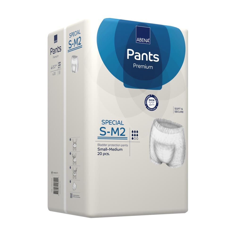 Verpackung Abena Pants Premium Special S-M2. Weiße Pants-Windel abgebildet. Aufdruck: Abena, Pants, Premium, Special S-M2, 20 Stück.
