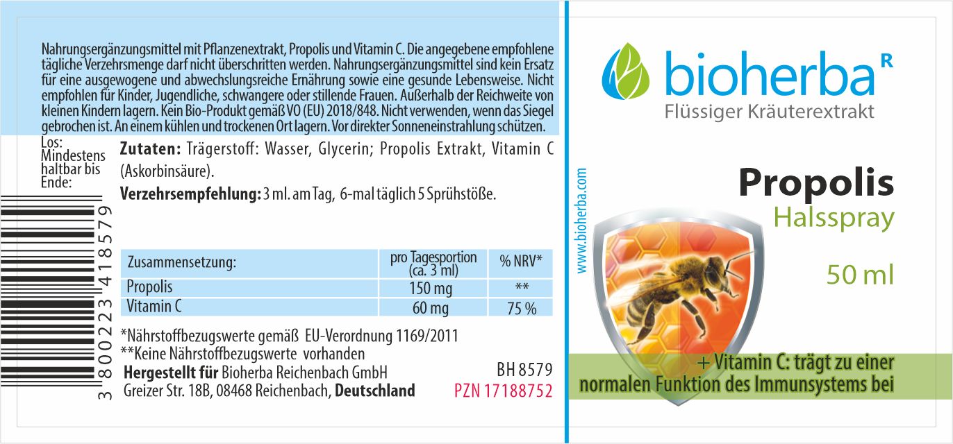 Etikett von Bioherba Halsspray mit Propolis Extrakt. Enthält Informationen zu Inhaltsstoffen, Dosierung und Hersteller.