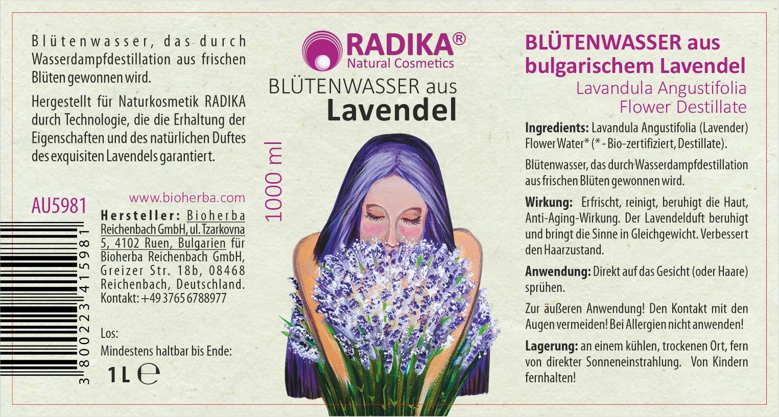 Etikett mit Produktname, Inhaltsstoffen und Illustration einer Frau mit Lavendel. Text in Deutsch und Englisch.