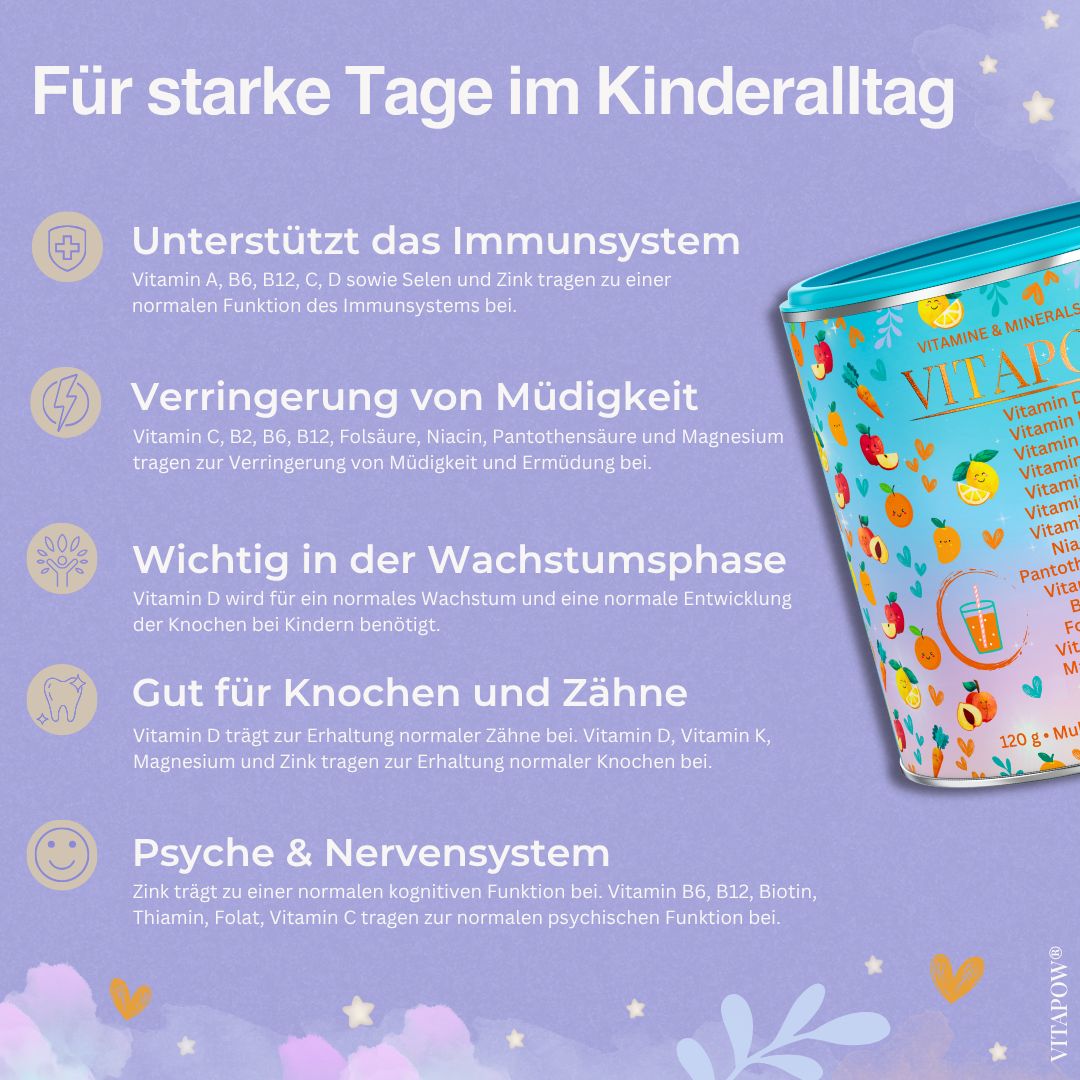 Vitapow Kinder Multivitamin Pulver: Unterstützt Immunsystem, verringert Müdigkeit, gut für Knochen und Zähne.