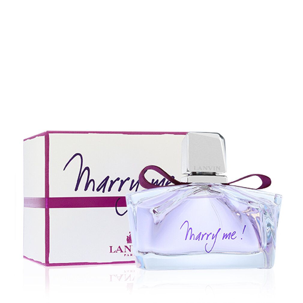 Parfümflakon und Verpackung. Flakon mit Schleife und Schriftzug "Marry me!". Verpackung mit Schriftzug "Marry me!" und Logo.