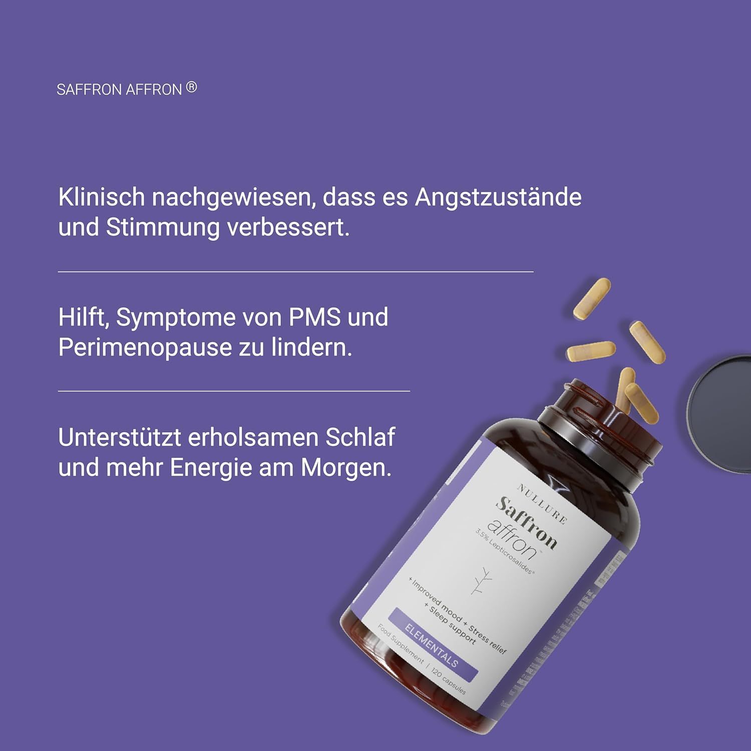 Flasche mit Kapseln und Deckel auf lila Hintergrund. Aufschrift: Nullure Saffron affron. Text: Hilft bei Angstzuständen, PMS, Schlaf.
