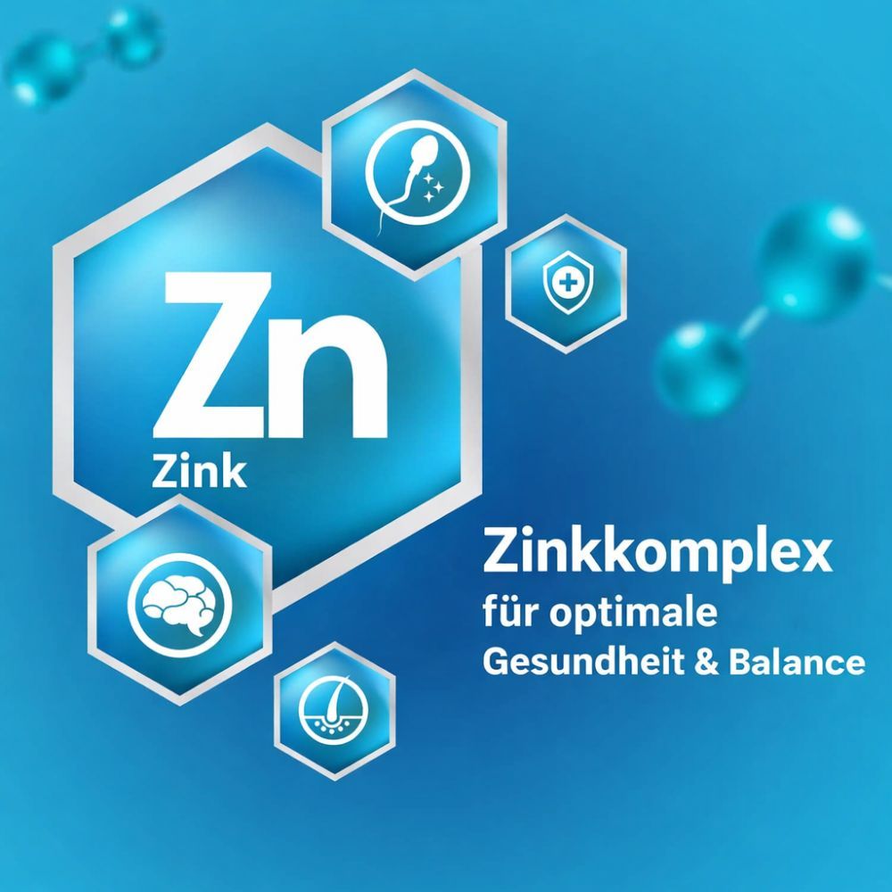 Grafik mit Zink-Symbol und hexagonale Elemente. Beschreibt Zinkkomplex für Gesundheit & Balance. Enthält Symbole für Gehirn, Haar und Immunsystem.
