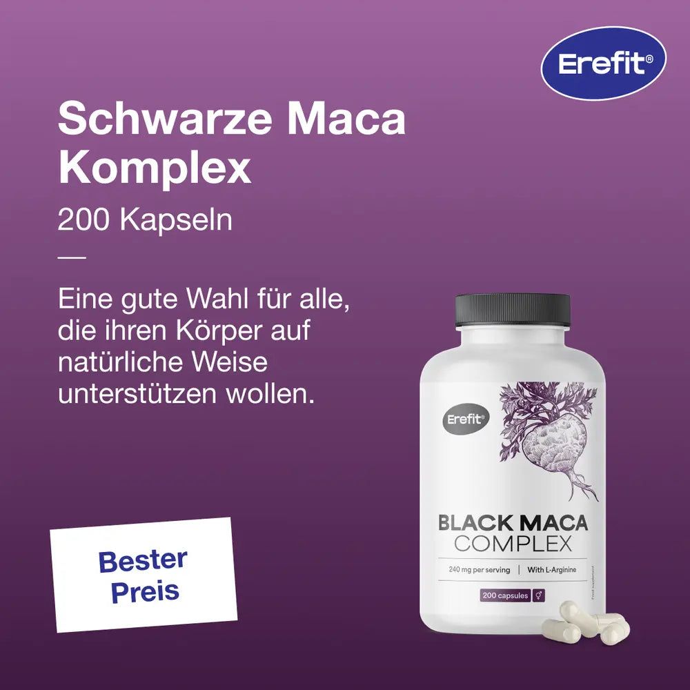 Flasche mit Black Maca Complex und Kapseln. Text: Schwarze Maca Komplex. 200 Kapseln. Bester Preis.