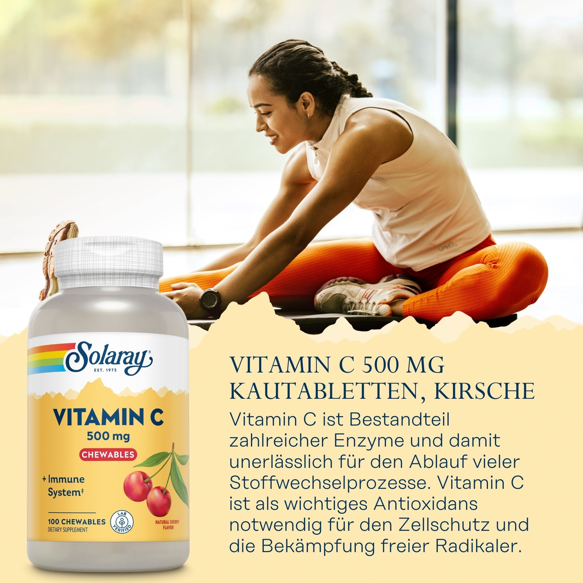 Solaray Vitamin C 500 mg Kautabletten Kirsche. Weiße Flasche mit Etikett. Frau beim Dehnen. Text: Vitamin C, 500 mg, Kautabletten, Kirsche.