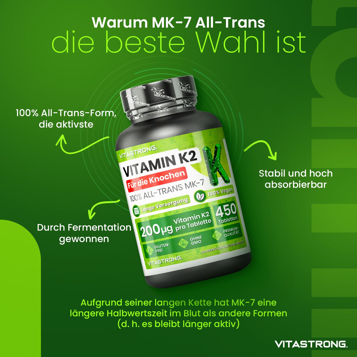 Flasche Vitamin K2. Text: 450 Tabletten, 200µg pro Tablette. Hergestellt durch Fermentation. Hoch absorbierbar.