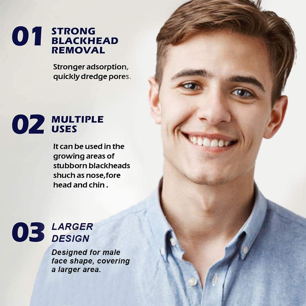 Mann mit Informationen zu Blackhead Nose Strips. Starke Mitesserentfernung, Mehrfachverwendung, größeres Design.