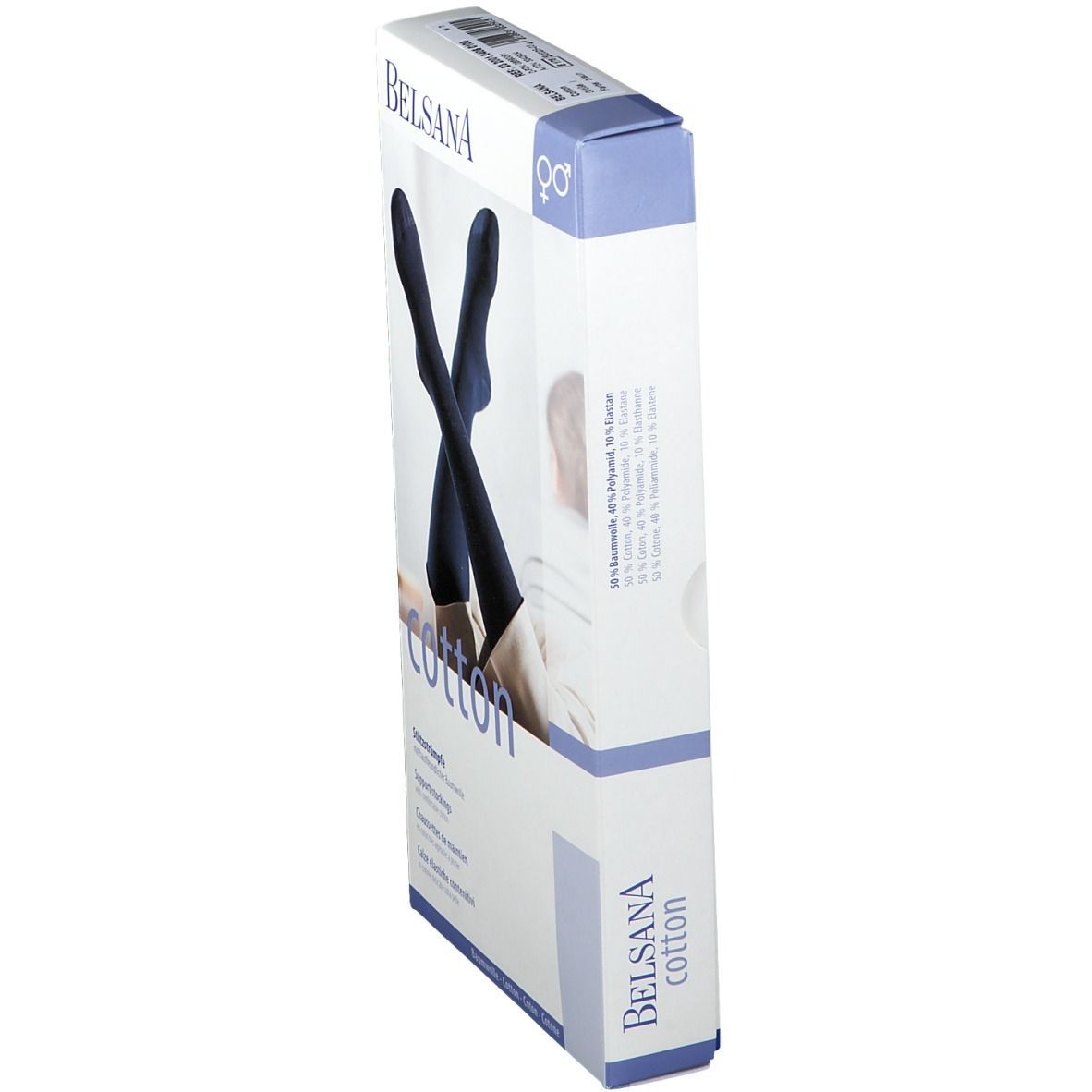 BELSANA Cotton Stützkniestrumpf in Verpackung. Farbe braun. Größe 36-38. Produktabbildung auf der Verpackung.