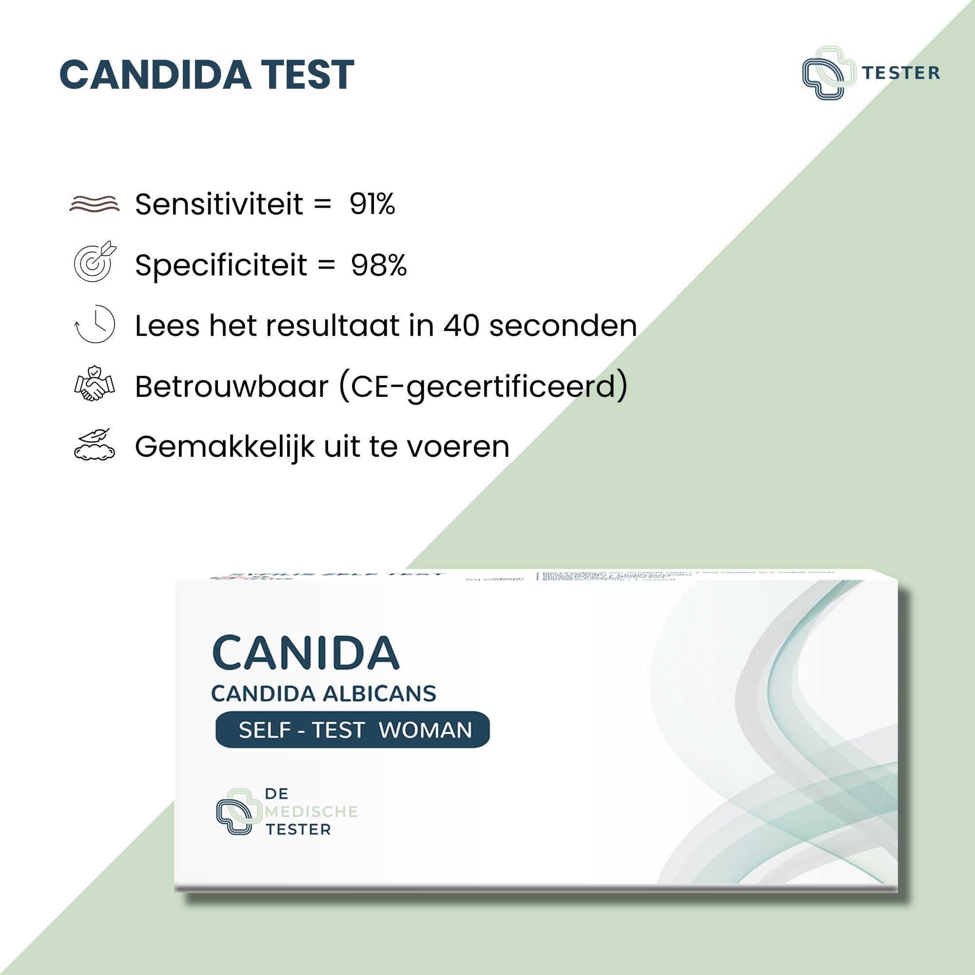 Text mit Informationen zum Candida-Test. Enthält Sensitivität, Spezifität, Ergebniszeit und CE-Zertifizierung.