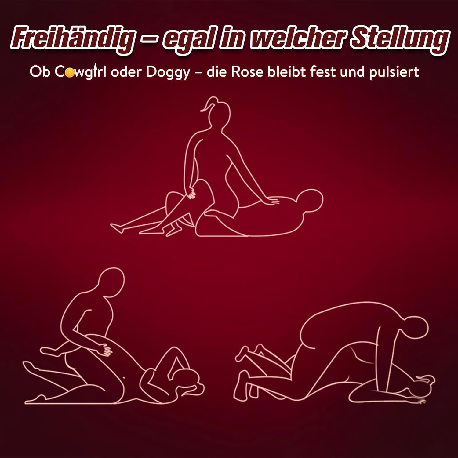 Illustrationen von Posen mit einem Penisring-Vibrator. Text: Freihändig - egal in welcher Stellung. Ob Cowgirl oder Doggy - die Rose pulsiert.