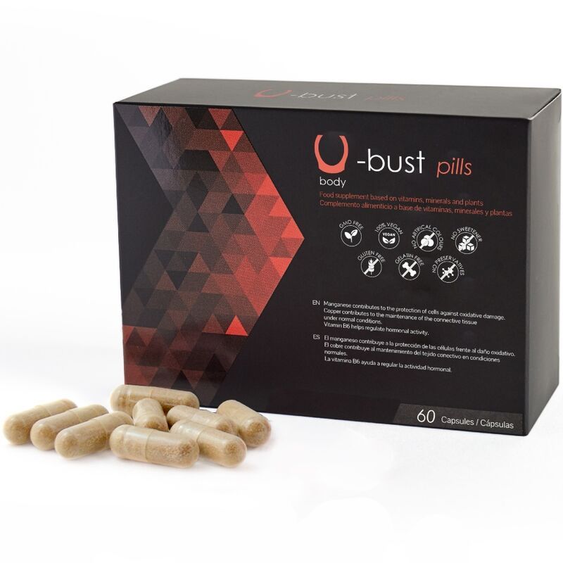 Schwarze Produktverpackung mit rotem Muster und Text. U-bust pills Schriftzug. Daneben Kapseln. 60 Kapseln.