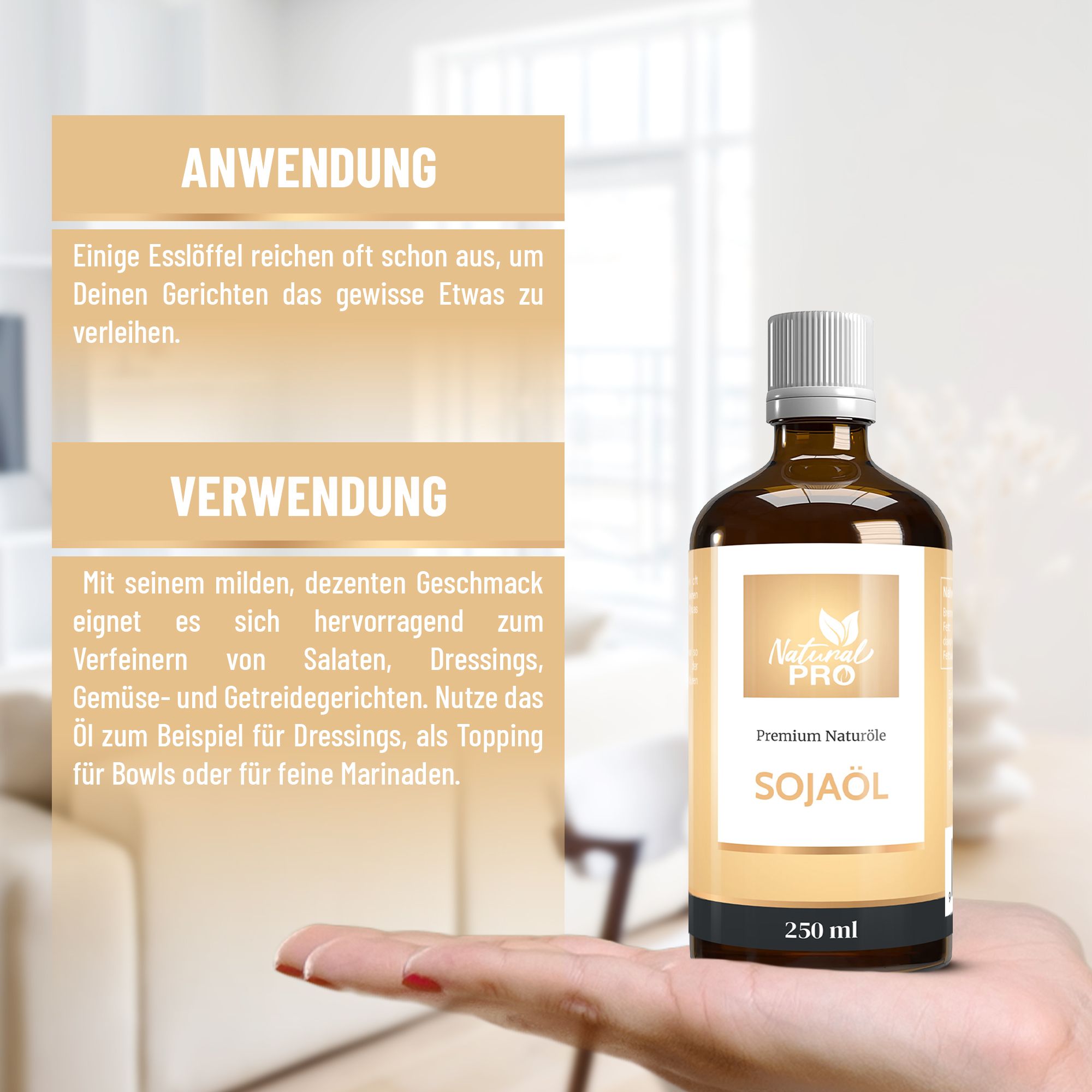 Hand hält braune Glasflasche mit weißem Deckel. Etikett mit Logo, Produktname Sojaöl und 250 ml. Anwendung und Verwendung.
