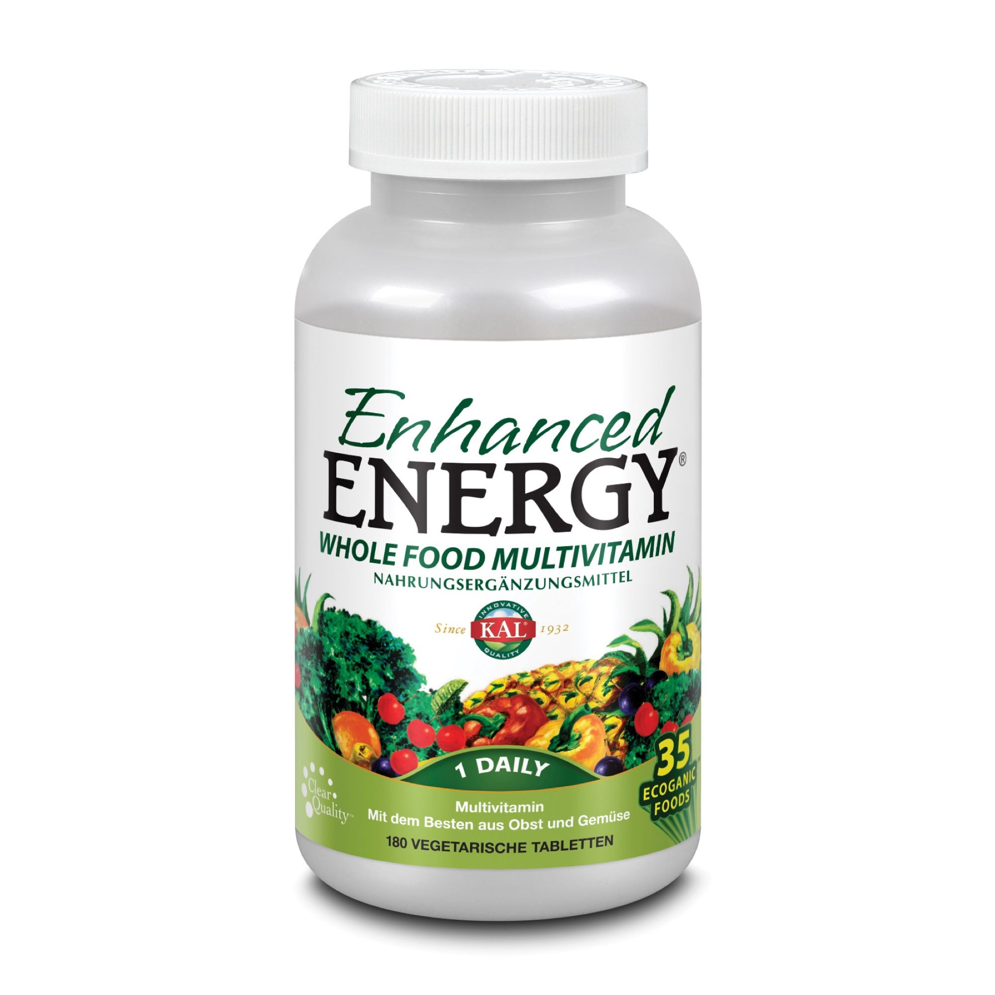 Eine Flasche KAL Enhanced Energy Multivitamin. Aufschrift: Enhanced Energy Whole Food Multivitamin. 180 vegetarische Tabletten.