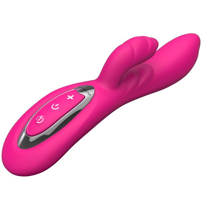 Rosa Vibrator mit zwei Enden und Bedienfeld. Ein Ende mit geriffelter Oberfläche, das andere mit Knöpfen.