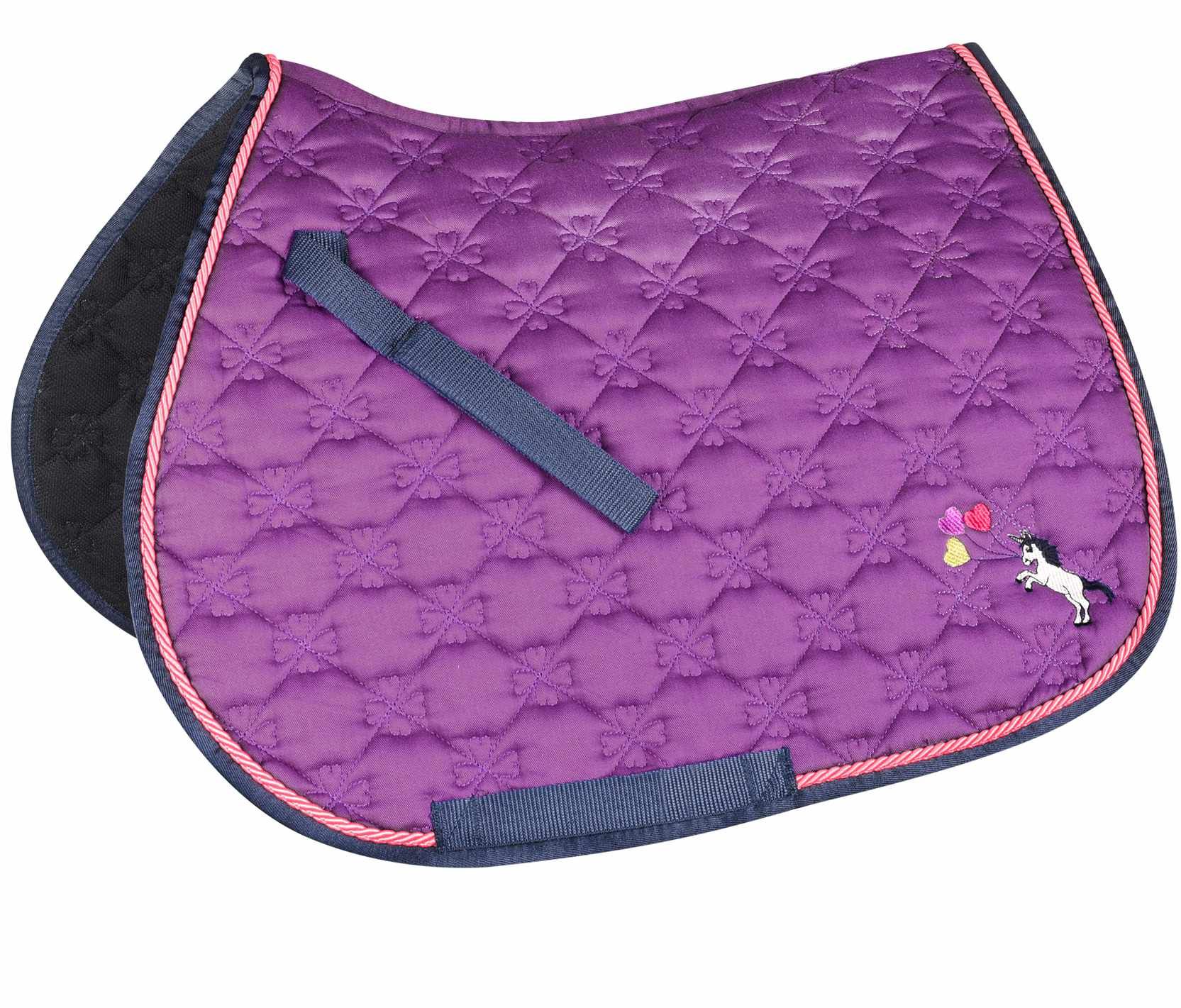 Reitpad mit Steppung und Einhorn-Motiv. Lila mit rosa und blauen Akzenten. Waldhausen Schabracke Lucky Unicorn.