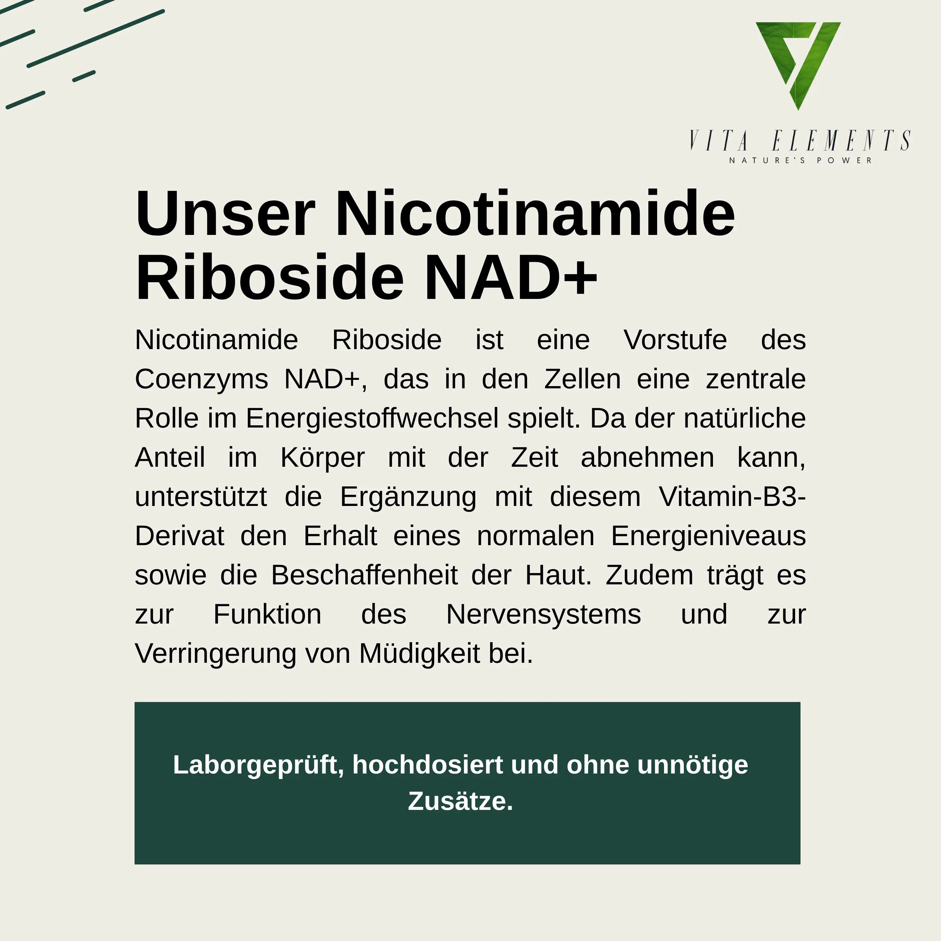Text erklärt die Rolle von Nicotinamid Ribosid NAD+ im Energiestoffwechsel und die Vorteile.