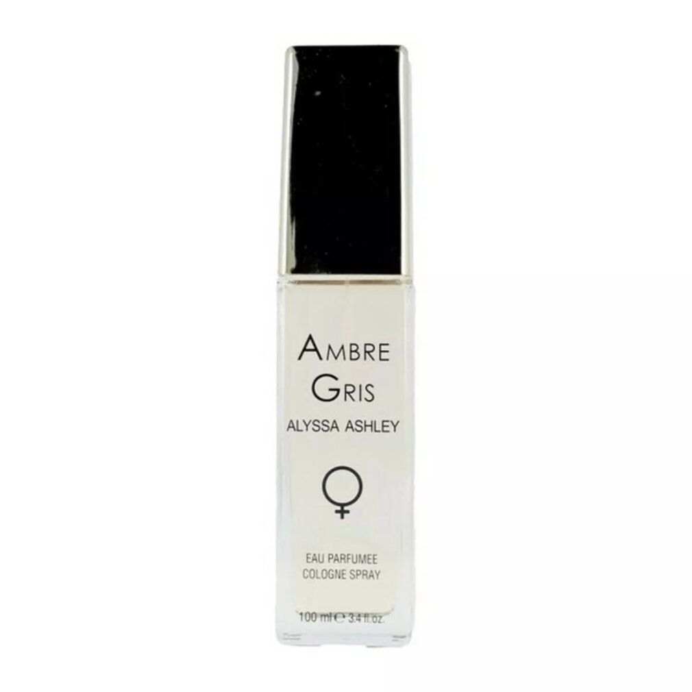 Alyssa Ashley Ambre Gris Eau Parfumee Cologne Spray, 100ml. Transparente Flasche mit schwarzem Verschluss.