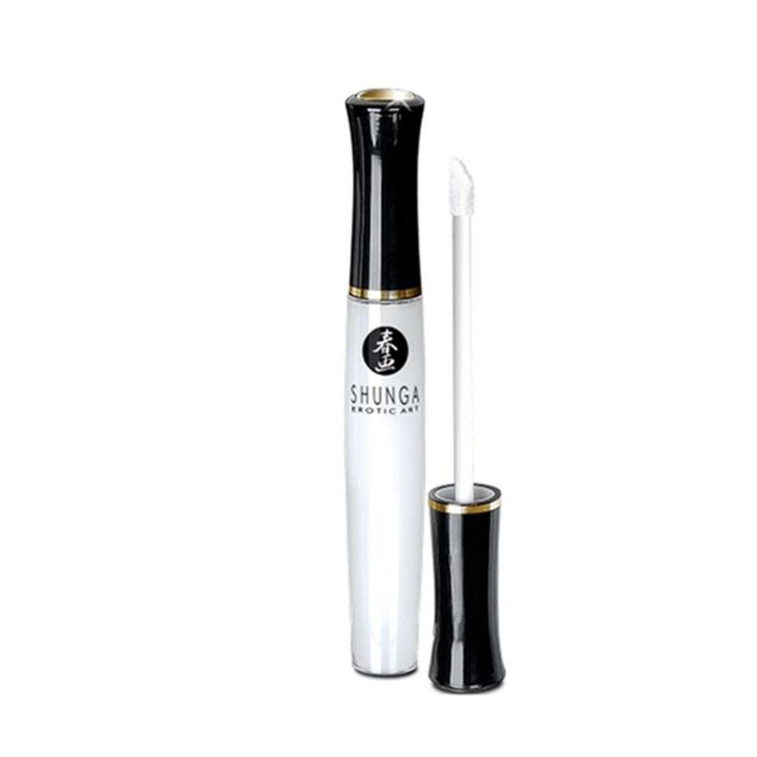 Weißer Lipgloss-Behälter mit schwarzem Deckel und Applikator. Marke: Shunga. Text: Erotic Art.