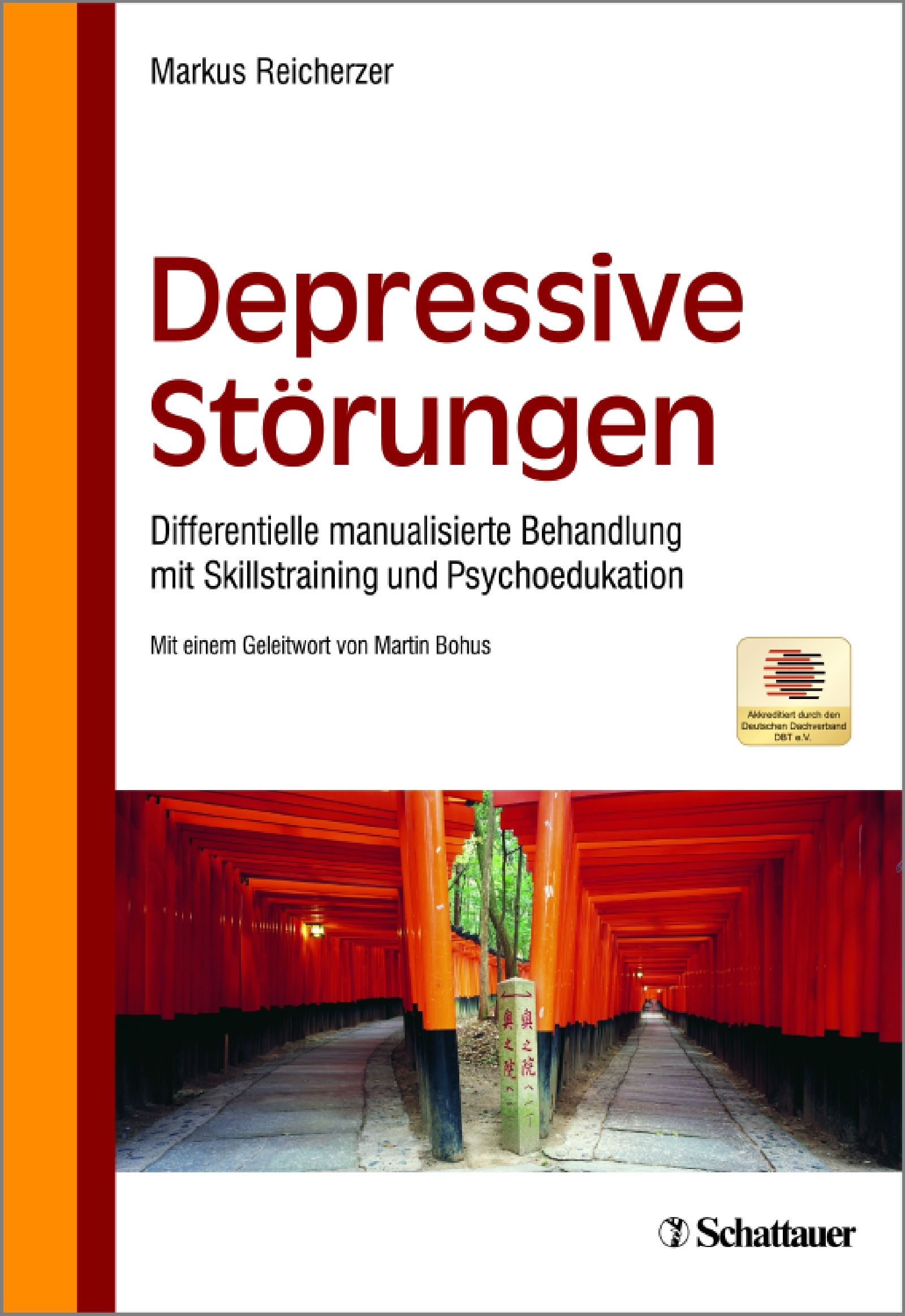Buchcover: "Depressive Störungen". Autor: Markus Reicherzer. Titel in Rot. Verlag: Schattauer. Mit Zertifizierungssiegel.