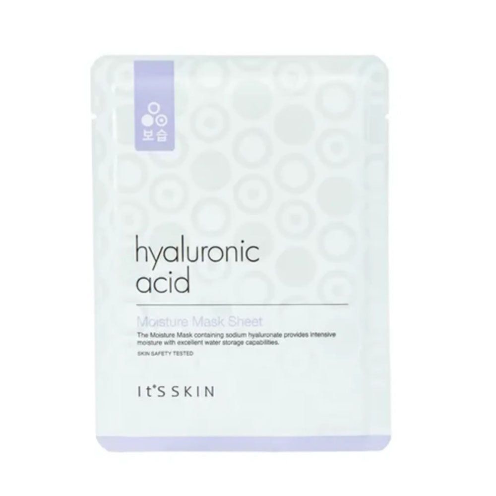 Gesichtsmaske in weißer Verpackung. "Hyaluronic Acid" und "It's SKIN" sind sichtbar. Text in koreanischer Schrift.