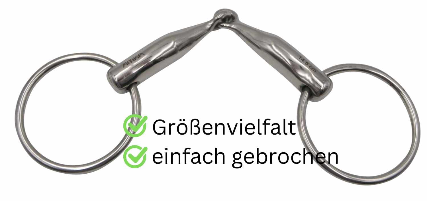 Gebiss aus Metall mit zwei Ringen und einem Mittelstück. Text: 'Größenvielfalt' und 'einfach gebrochen'.