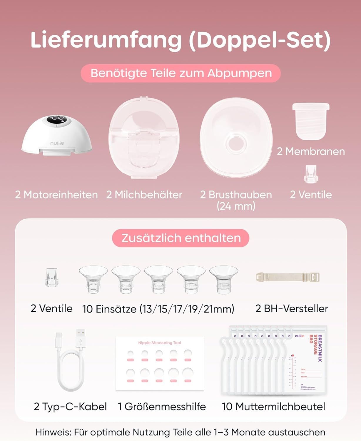 Nuliie Milchpumpe Elektrisch tragbar Rosa