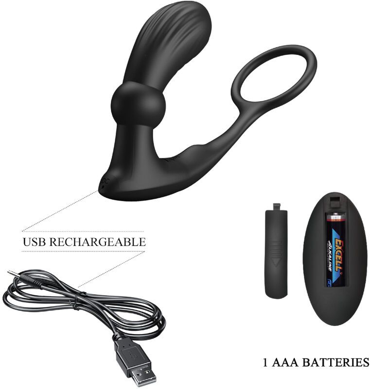 Schwarzer Analring-Vibrator und Fernbedienung mit Logo.