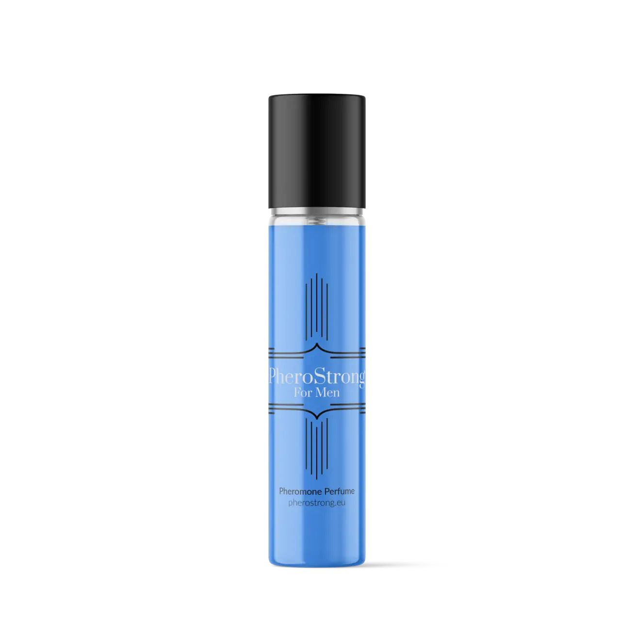 PheroStrong Pheromon Parfüm für Männer, 15ml blauer Glasflakon mit schwarzem Zerstäuberaufsatz.