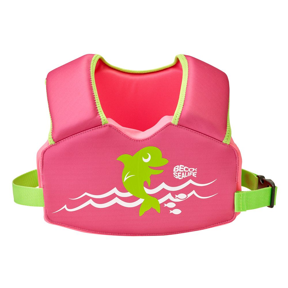 Rosa Schwimmweste mit grünem Delfin-Motiv und Schriftzug BECO SEALIFE. Verstellbare Gurte und Schnalle.