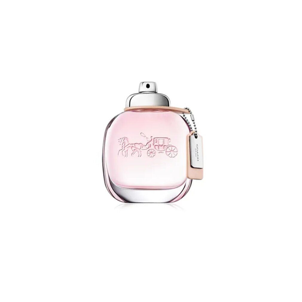 Coach 1941 Eau de Toilette Spray. Rosa Flakon mit silbernem Verschluss und Anhänger. Geprägtes Logo.