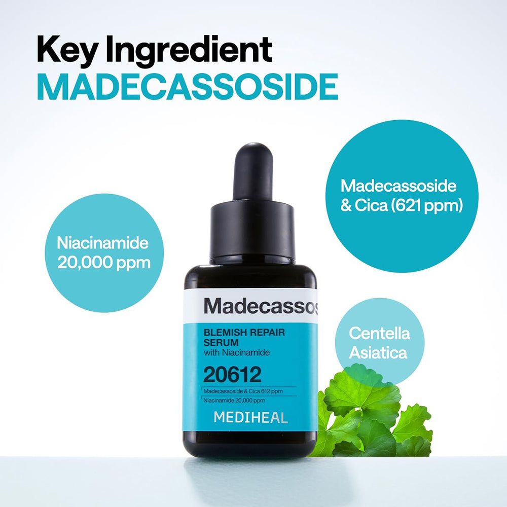 Serumflasche mit schwarzem Deckel. Blaues Etikett mit Text: Madecassoside Blemish Repair Serum, 20612, MEDIHEAL.  Grüne Blätter daneben.