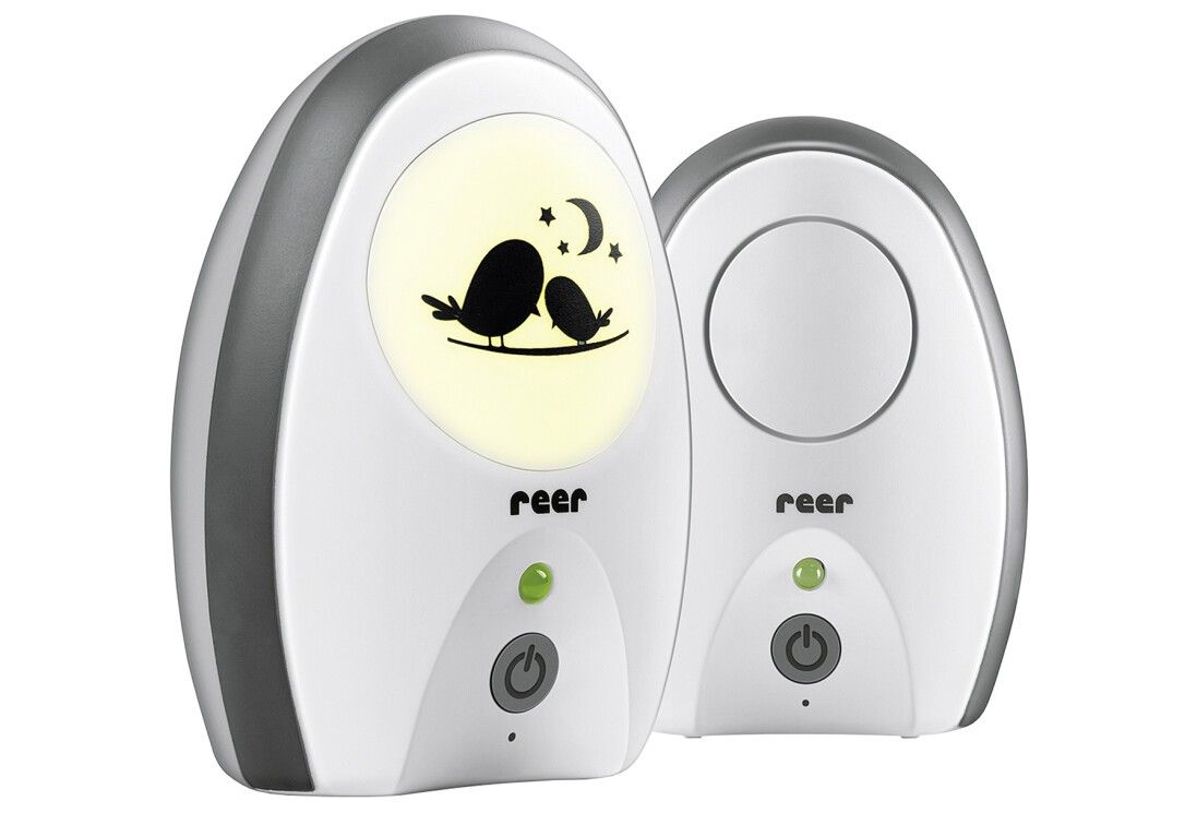 Zwei weiße Babyphone-Einheiten mit grauen Akzenten und Vogelmotiv.