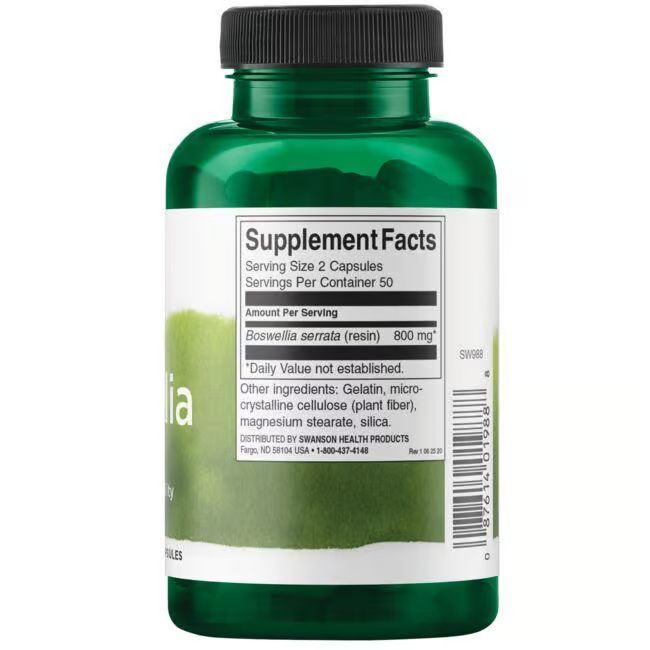 Rückseite der grünen Flasche. Aufschrift: Supplement Facts. Enthält Boswellia serrata (Harz) 800 mg.
