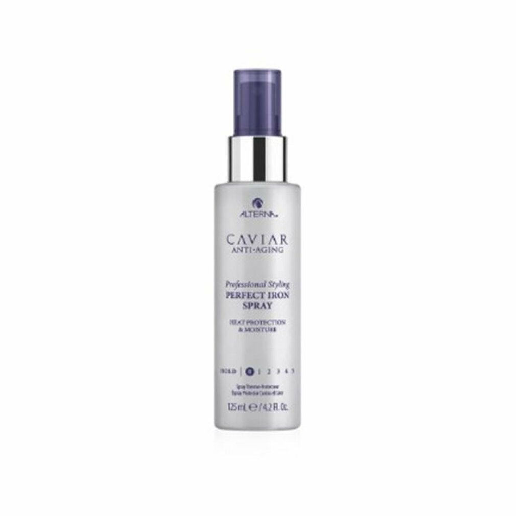 Silberne Sprühflasche mit lila Deckel. Beschriftung: Alterna Caviar Anti-Aging, Perfect Iron Spray. Hitzeschutz & Feuchtigkeit. 125ml.