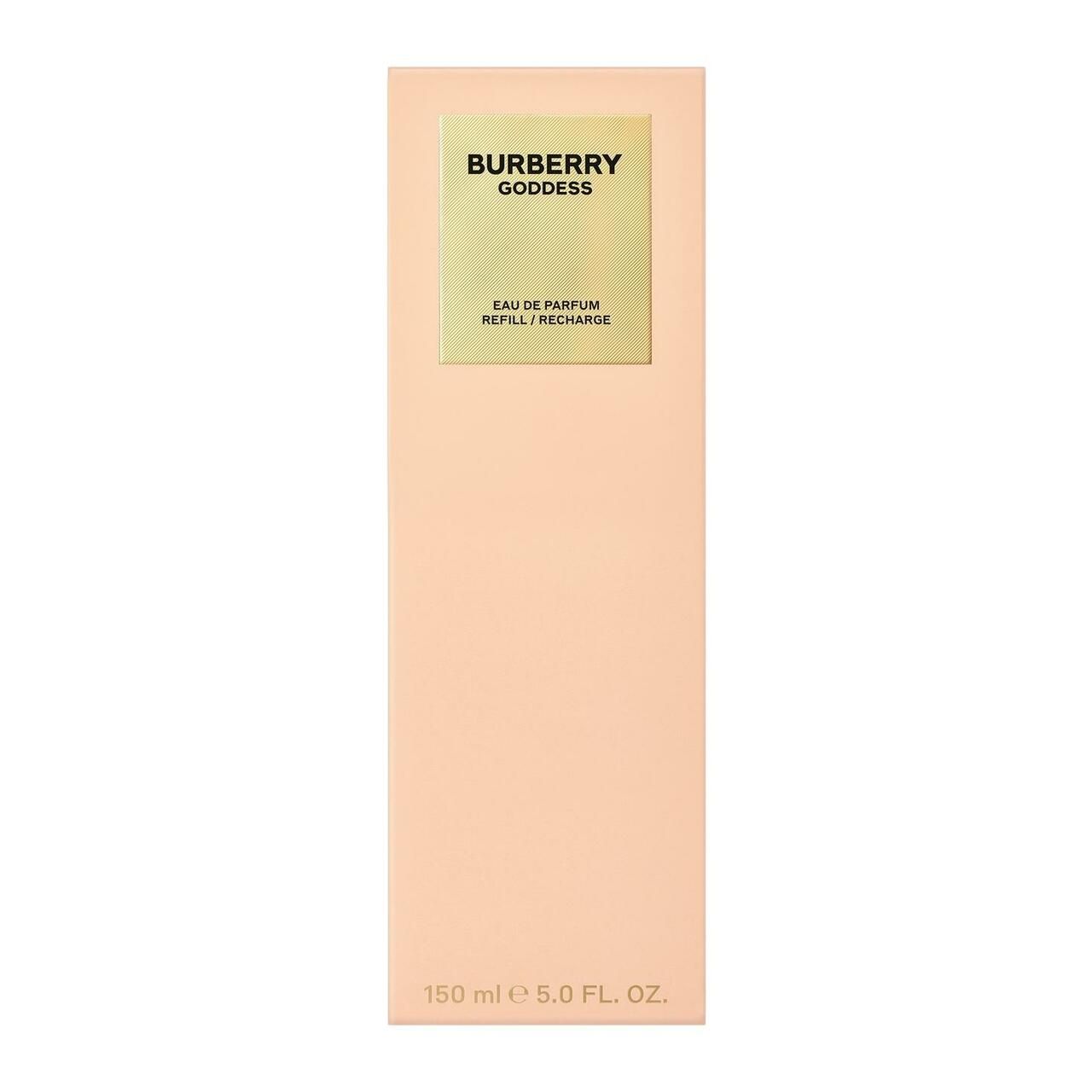 Beige Verpackung mit goldfarbener Aufschrift: Burberry Goddess, Eau de Parfum, Refill/Recharge. 150 ml.