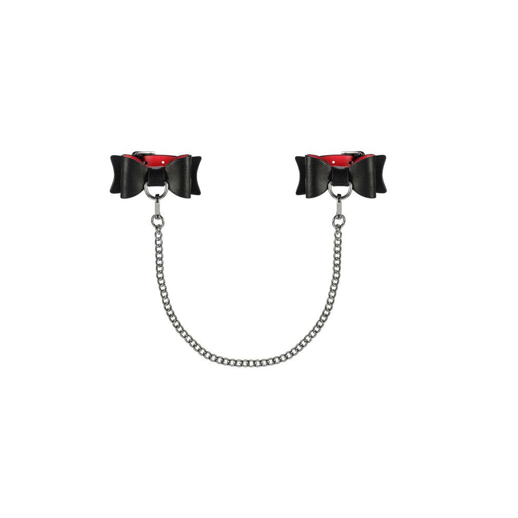 Zwei schwarze Handschellen mit roten Akzenten, verbunden durch eine Kette.